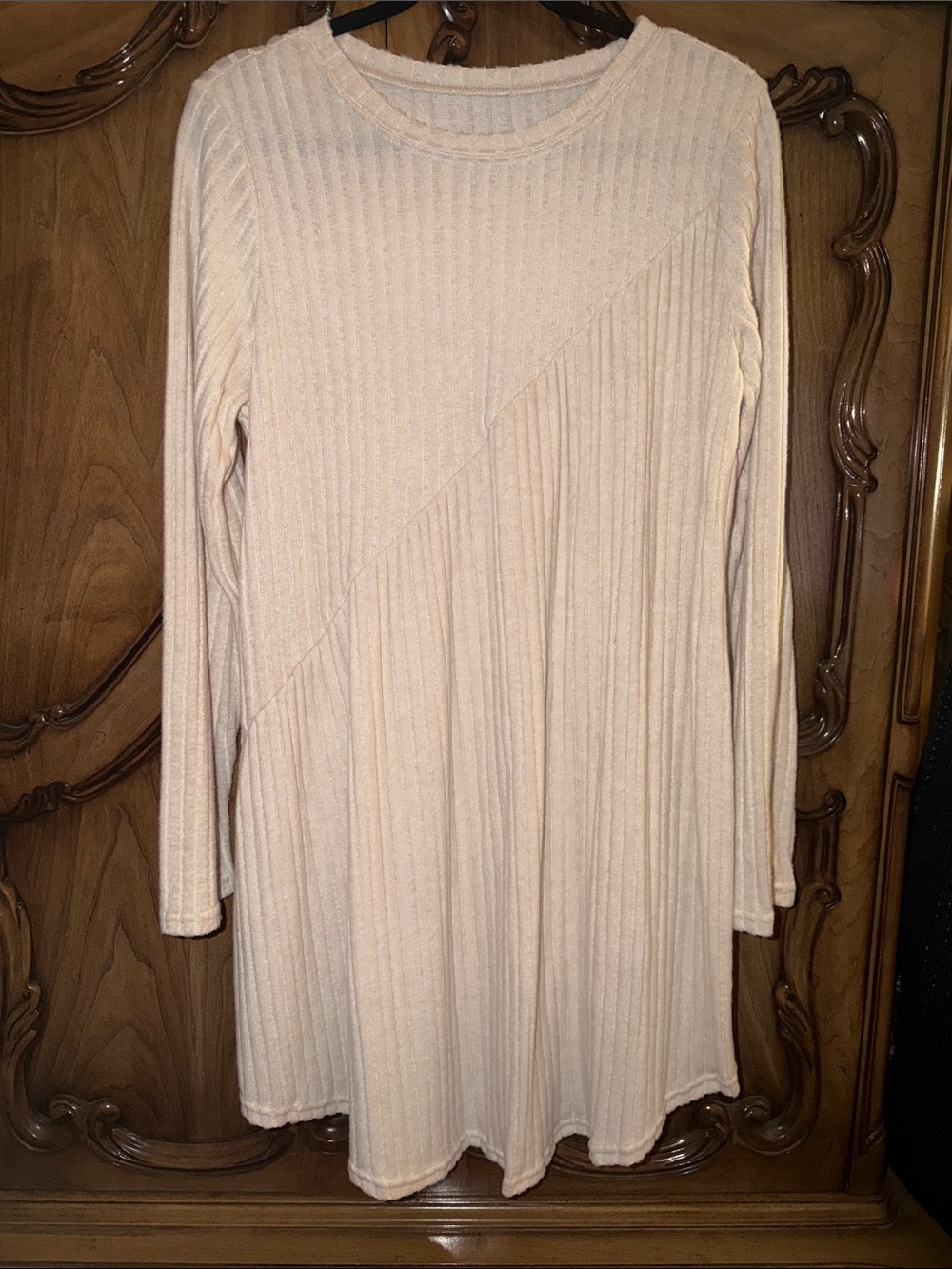 Amazon Cream Ribbed Long-Sleeve Swing Dress